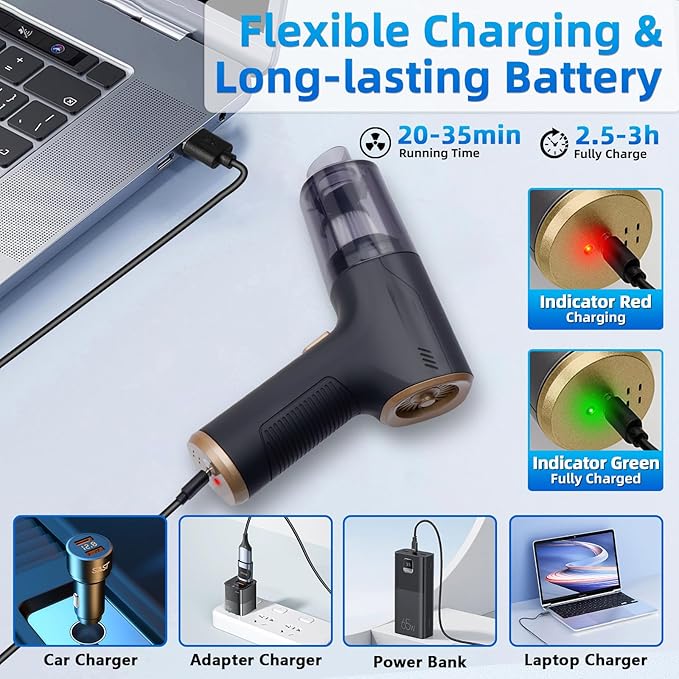 Handheld Car Vacuum Cleaner Cordless, High-Power Brushless 20000PA Mini Hand Held Cleaner with 8 Multi-Functional Nozzle & 2 Replaceable Filters, Portable Vacuum Cleaner for Car Office Pet Hair
