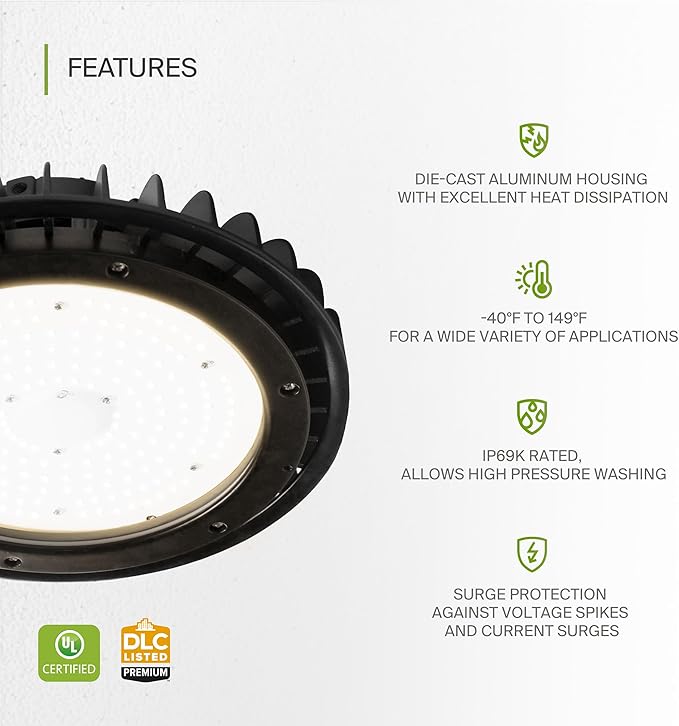 ASD LED High Bay UFO Light Fixture, Commercial Shop Lighting | Dimmable, IP69K Waterproof, DLC Premium, UL Listed | 200W 29000LM 3500K 100-277V | Warehouse, Garage, Workshop, Barn Lamp | Black, 6 Pack