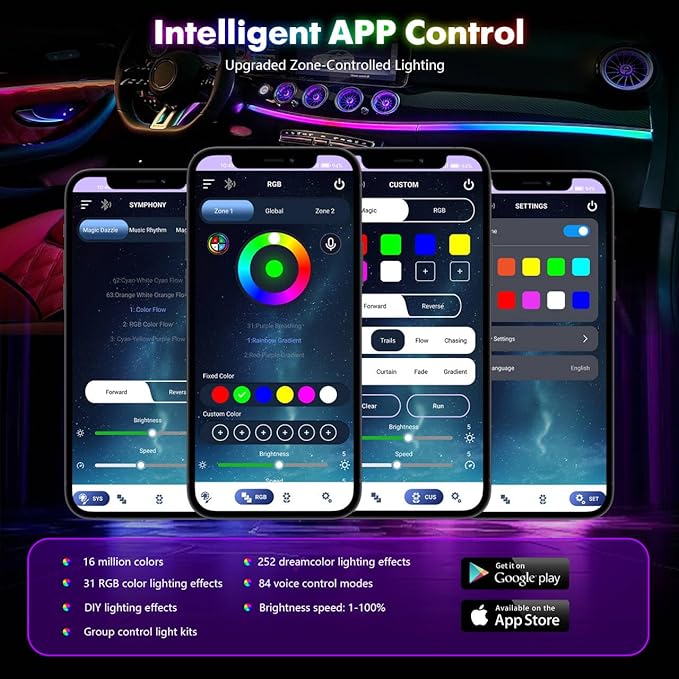 New Version Acrylic Car Dreamcolor Ambient Lighting Kit 14 in 1 LED Interior Car Strip Lights APP Control Zoned Control System 252 Color Modes DIY Neon Wireless Sound Activated RGB Light Bar