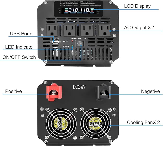 4000 Watt Power Inverter, Car Inverter 24V DC to 110V/120V AC Converter with LCD Display, 4 AC Outlets, USB Port & Remote Controller for RV, Truck, Off-Grid Solar System
