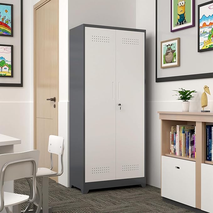 GREATMEET 72.8" H Metal Garage Storage Cabinets with Lock Door and Adjustable Shelves,Grey&White Broom Closet Storage Cabinet for Cleaning Supplies, Utility Closet for Garage, Bathroom,Kitchen,Home