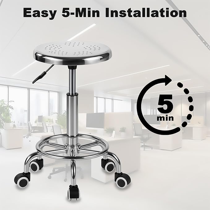 Rolling Stool, Stainless Steel Workbench, Adjustable Swivel Stool Medical 5 Wheels, 304 Stainless Steel Structure Laboratory Round Pad, Load Capacity 445 lbs (Silver)