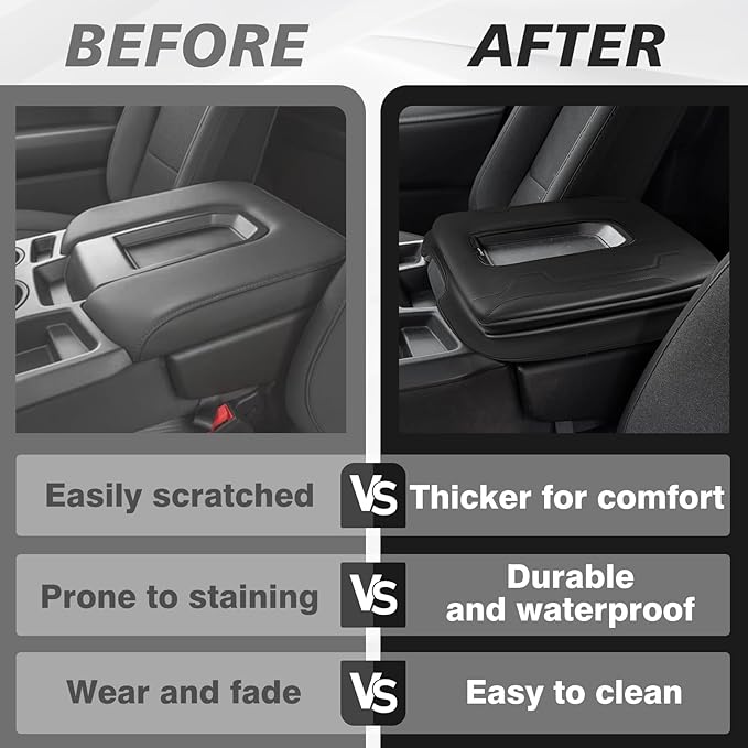 Muslogy Center Console Armrest Cover Compatible with Chevy Silverado & GMC Sierra 2019-2025 Comfort Armrest Pad Arm Rest Cushion Vegan Leather Protector 1-Inch Extra Thick(Jump Seat ONLY)