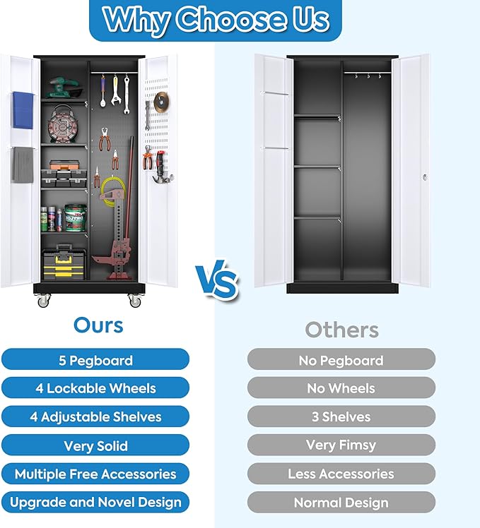 Broom Closet Storage Cabinet with Hanging Rod, 71" H Metal Garage Storage Cabinet with Wheels and 4 Adjustable Shelves, Locking Broom Closet with 13 Hooks for Garage, Bathroom, Home