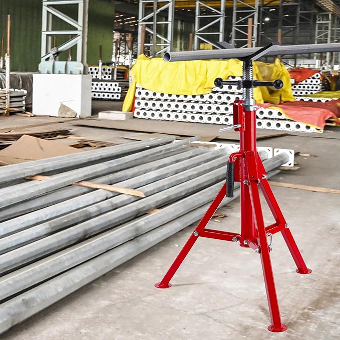 V-Head Pipe Jack Stand, Heavy-Duty Folding Pipe Stand with 2500 Lbs Load Capacity, Adjustable Height 28"-52" for Welding, Automotive & Construction Projects, Red