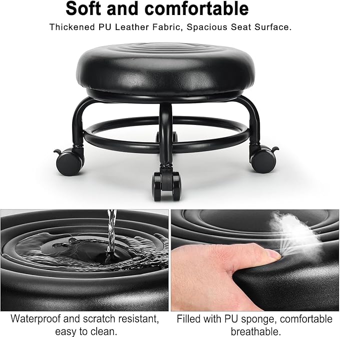 Low Height Rolling Stool Low Roller Stool PU Leather Comfortable Chair, Modern Low Rolling Stool for Home Office Garage Shop
