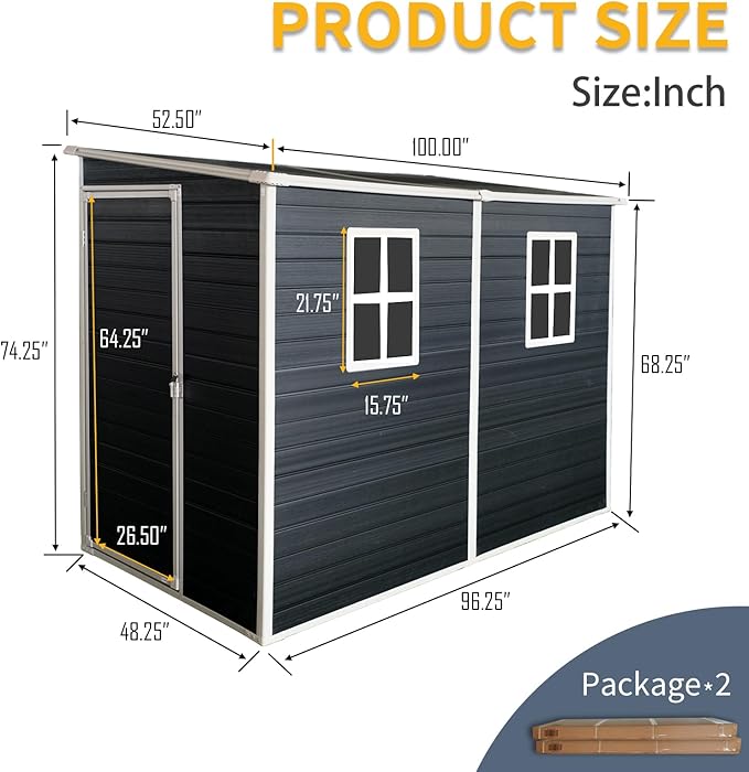 4x8 FT Outdoor Storage Resin Shed with Floor,Waterproof Plastic Garden Bike Shed with Lockable Door, Sloped Roof, Vents & Windows, Easy Assembly Tool Shed for Lawn, Backyard, Patio, Black