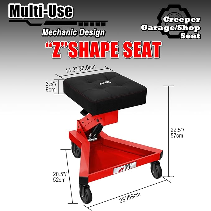 Mechanic Stool with Wheels, Hydraulic Adjustable Shop Stool on Wheels, Garage Work Rolling Chair for Workshop, 400 LBS Capacity, 4 Inch Casters, 360° Swivel Casters Roller Chair, Red