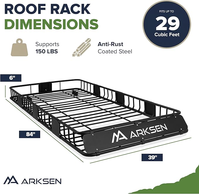 ARKSEN 84 x 39 x 6 Inch Universal 150LB Heavy Duty Roof Rack Cargo with 500D PVC Waterproof Cargo Bag, Top Luggage Holder Carrier Basket with Extension for SUV, Truck, & Car Steel Construction