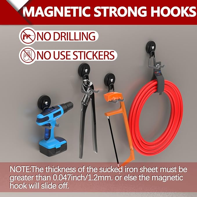 3-H Heavy Duty Magnet Garage Hooks 2 Pack, Large Strong Magnetic Hooks for Hanging Cordless Power Drill, Utility Magnetic Tool Holder for Metal Cabinet, Steel Pegboard, Toolbox, Garage(Grey)