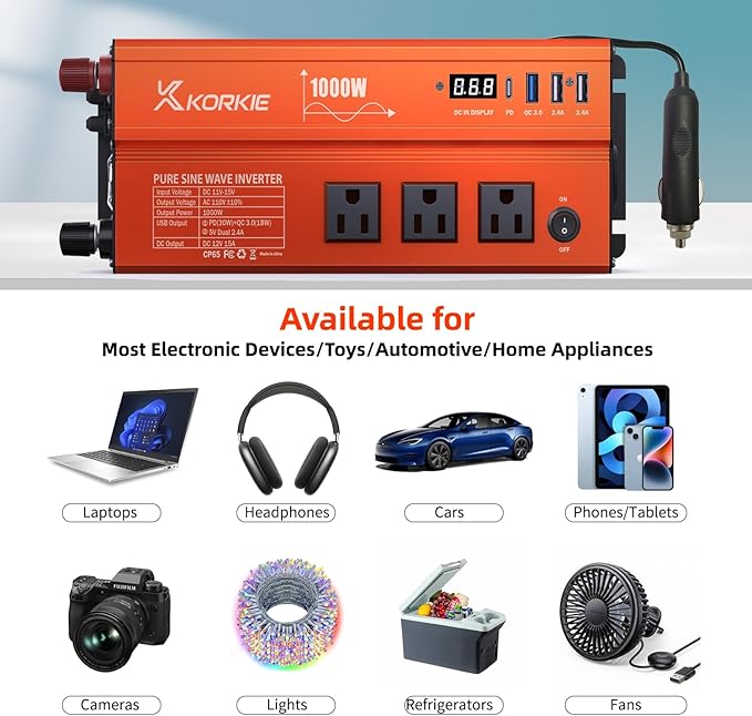 1000W Pure Sine Wave Inverter, Car Power Inverter, 12V DC to 110V AC Power Converter, Emergency Power Inverter with Type-C, Dual 5.2V/2.4A USB, 3AC Outlets for Home,Camping, RV, Truck, Vehicles