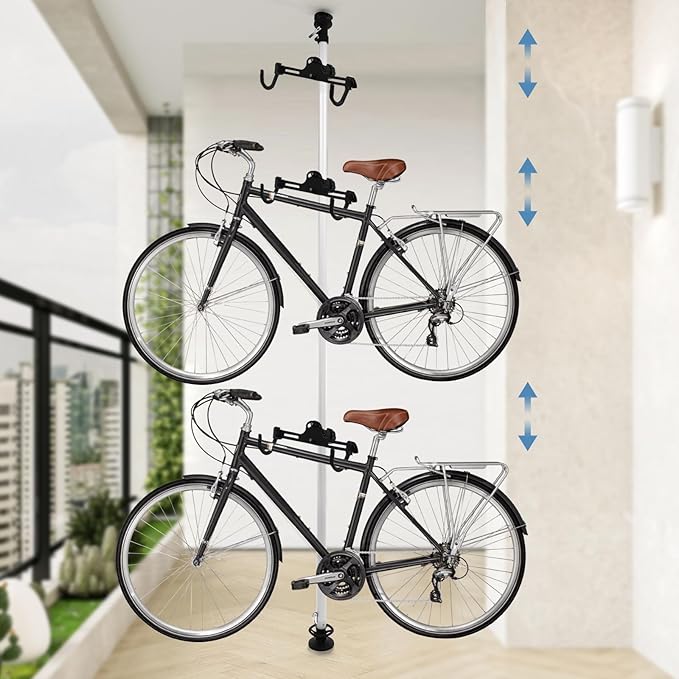 Floor to Ceiling 3 Bike Vertical Freestanding Hanger Parking Rack, Bicycle Storage Rack 360° Adjustable Hook Indoor Bike Storage Pole Stand for Storing Bicycles in Garages or Apartments