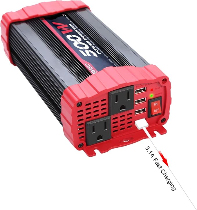 BYGD 500W Power Inverter, Car Charger Adpater DC 12V to AC 110V Car Power Converter 4 USB Quick Charging Ports and Dual AC Outlets Car Charger Adpater with Cigarette Lighter Cable and Battery Clamps