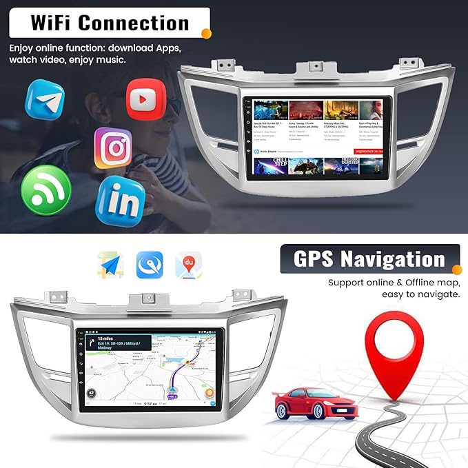 2G+64G 9 Inch Android Car Stereo for Hyundai Tucson 2015-2018 Radio Wireless Apple CarPlay Android Auto Bluetooth Touchscreen GPS Navigation Head Unit WiFi FM USB SWC Split Screen+AHD Backup Camera