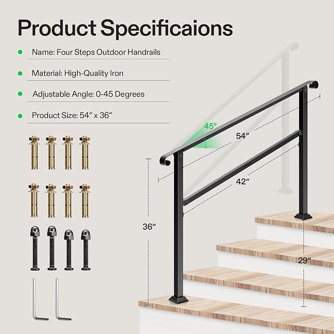 VIVOSUN Outdoor Handrail, 54" x 36" Fits 1-4 Steps, Wrought Iron Stair Railing with Curved Ends, One-Step Assembly, Black