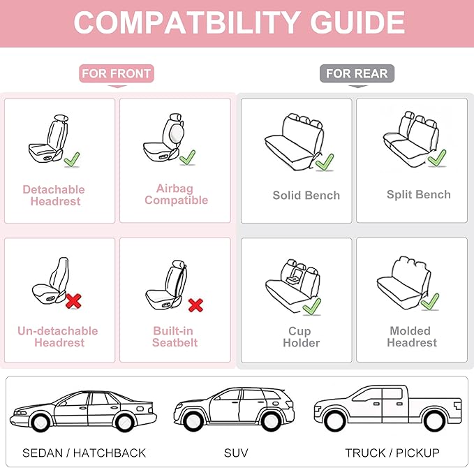 Car Seat Covers Full Set, Front and Rear Seat Covers for Cars, Waterproof Leather Auto Seat Protectors with Head Pillow, Car Seat Cushions Fit for Most Sedans SUV Pick-up Truck, Pink