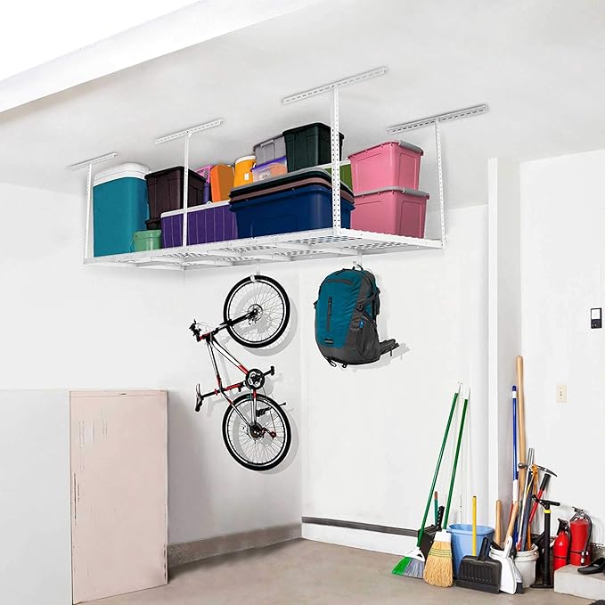 3ftx8ft Overhead Garage Storage Rack, Heavy-Duty Metal Garage Ceiling Storage Rack, 22''-40" Adjustable Ceiling Drop-Down, 600 lb. Loading Weight Capacity, White