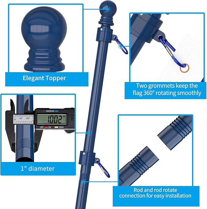 ZMTECH Flag Pole - Upgraded Bracket,(2 Packs) 6 FT Stainless Steel Flag Poles for Outside House, Residential or Commerical, Tangle Free Flag Pole Kit for American Flag (Without Flag, Blue)
