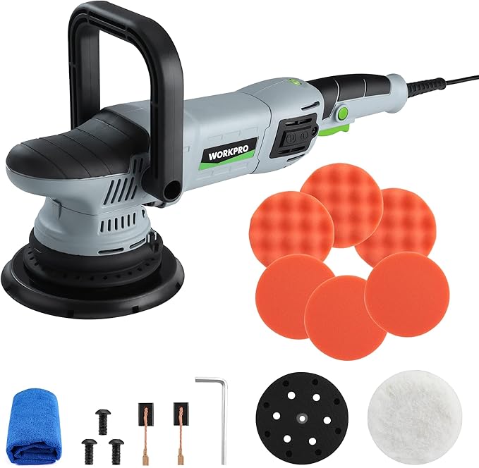 WORKPRO Buffer Polisher, 6-inch 1080W Dual Action Random Orbital Polish Kit for Car Detailing, 6 Variable Speed DA Polisher with Backing/Woolen/Foam Pads, Towel for Waxing, Buffing, Polishing