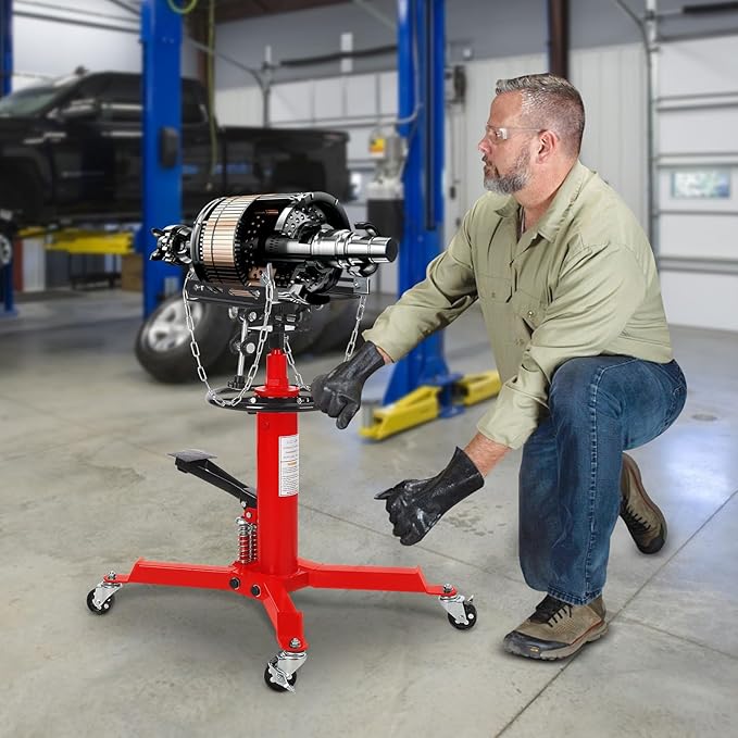 Dual Plunger Hydraulic Transmission Jack 1322lbs Capacity, 33.5"-69" High Lift 2-Stage Hydraulic Telescoping Jack, Trans Jack Stand with 8MM Non-Slip Pad, Foot Pedal & Swivel Wheel, Red