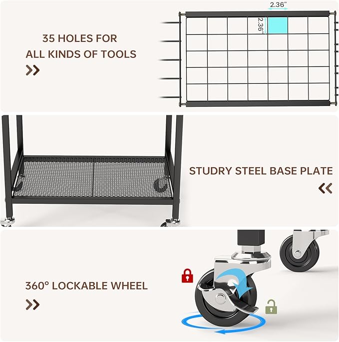 Hadulcet Garden Tool Organizer, Metal Garage Organization and Storage with Lockable Wheels, Garden Tool Rack with Storage Hooks, Heavy Duty Yard Tool Organizer for Garage, Shed, Lawn, Outdoor, Black