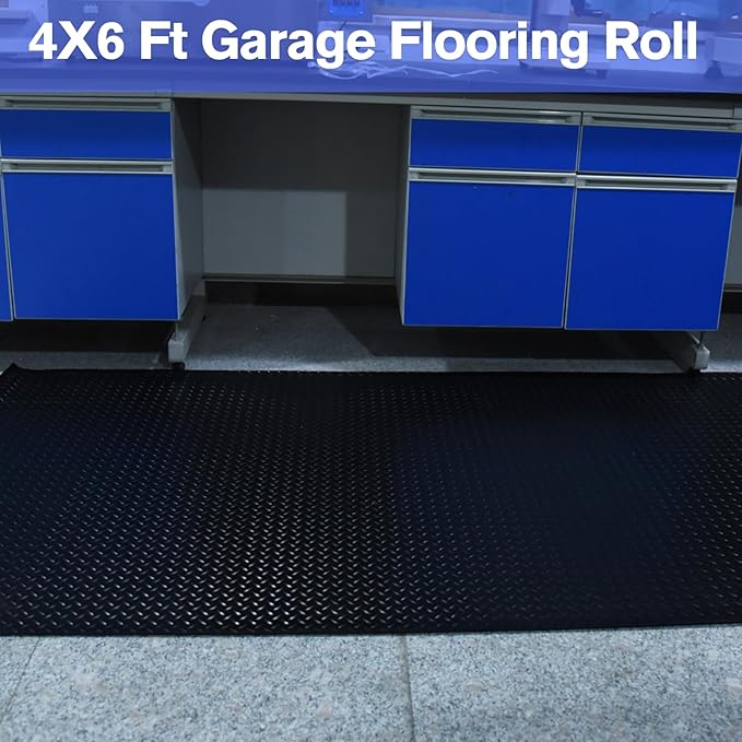 4X6 FT Garage Floor Mat， 2.5 Inch Thickened Diamond Plate Flooring Roll for Under Car， Non-Slip Commercial Grade Heavy Duty Parking Mat for Garage, Warehouse, Workshop, Basement, Gym（Black）
