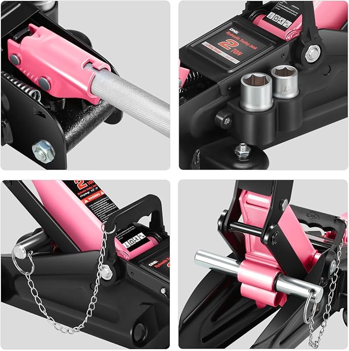 DNA MOTORING Floor Jack with Socket and Lock, Low Profile Hydraulic Trolley Jack for Cars Lift, 2 Ton (4000 lbs) Capacity, Lifting Range 5.12"-13", Pink, TOOLS-00677-PK
