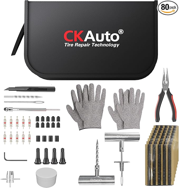 CKAuto Tire Plug Repair Kit, Heavy Duty Car Emergency Tool Kit for Flat Tire Puncture Repair, 80 Pcs Value Pack, Tire Patch Kit fit for Autos, Cars, Motorcycles, Trucks, RVs, etc.