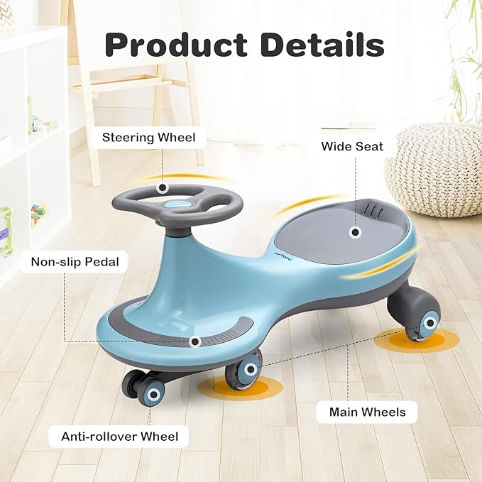 HONEY JOY Wiggle Car, 2 in 1 Swing Car for Kids, LED PU Flashing Wheels, No Batteries, Music, Gears or Pedals, Uses Twist, Turn, Ride On Toy for Toddlers Boys Girls 3 Years and Up (Blue)
