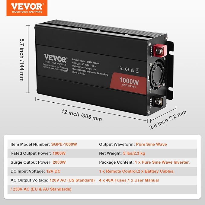 VEVOR 1000W Pure Sine Wave Inverter, DC 12V to AC 120V Power Inverter with 2 AC Outlets 1 USB Port 1 Type-C Port, Remote Control for Small Home Devices Like Smartphone Laptop, CE FCC Certified