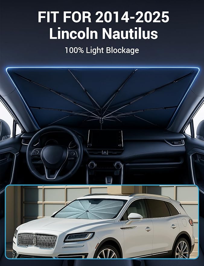 Proadsy Windshield Sun Shade Umbrella for Lincoln Nautilus 2014-2025 Foldable Car Umbrella Sunshade with Soft TPU Handle Spring Structure Crystal Cooling Material Protect Car from Rays & Heat