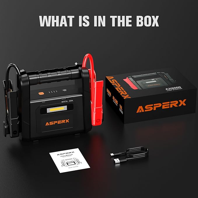 AsperX 6000A Car Jump Starter, Battery Jumper Starter Portable for 12V Vehicles (for All Gas or up to 12L Diesel) - Car Battery Charger with LED Flashlight and Jumper Cables