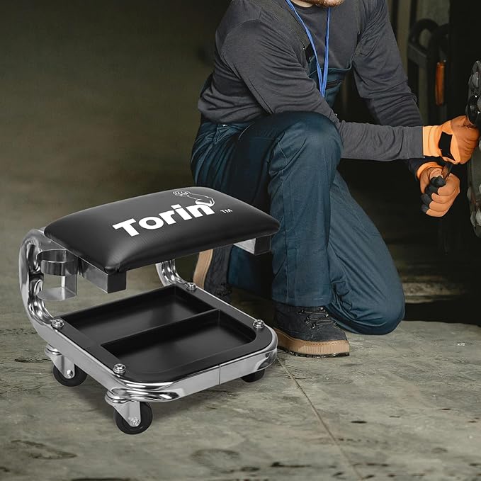 Torin AR7451B Heavy Duty Rolling Creeper Garage/Shop Seat: Padded Mechanic Stool with Tool Tray Storage and Cup Holder, Black