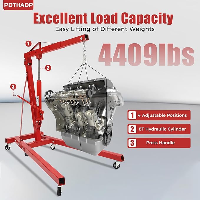 Engine Hoist 2 Ton Folding Engine Lift Folding Cherry 6.89Ft Picker Shop Crane Hoist Lift with 6 Wheels Engine Crane Folding Engine Hoist for Car Fixing Workshops Garages (Red)