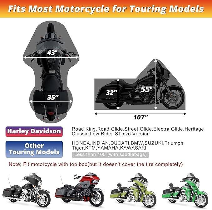 Motorcycle Cover, with Vents Dirt Bike Cover,for Different Touring Models Harley Davidson Road King,Road Glide,Street Glide,Electra Glide,Low Rider-ST (Black&Orange)