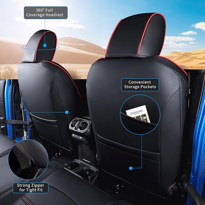 Jeep Gladiator Seat Covers - Premium Quality Faux Leather, Waterproof, Scratch-Resistant, Custom Fit for Jeep Gladiator 2025, 2024, 2023, 2022, 2021, 2020 (Black+Red Line)