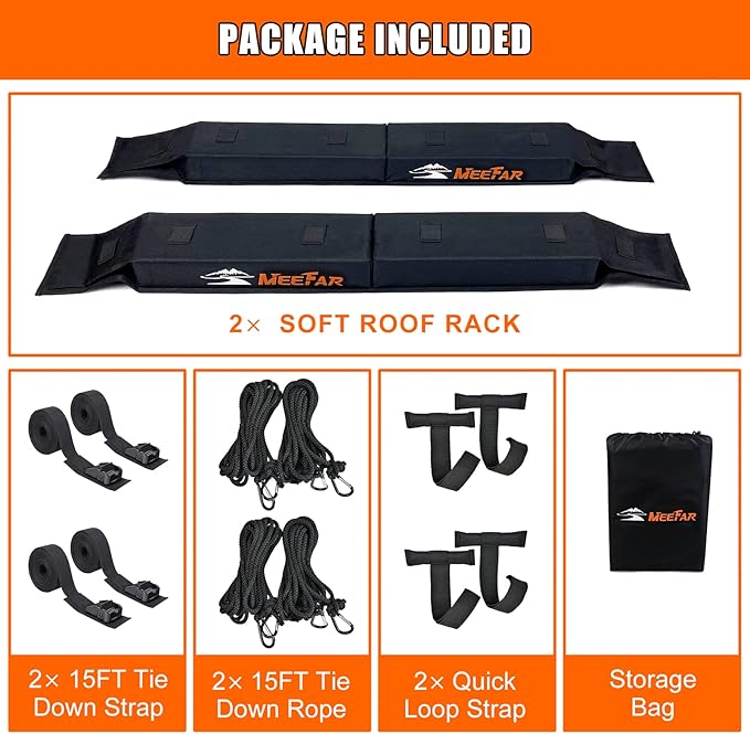 MeeFar Universal Car Soft Roof Rack Pads Luggage Carrier System for Kayak Surfboard SUP Canoe Include 2 Heavy Duty Tie Down Straps, 4 Tie Down Rope, 4 Quick Loop Strap and Storage Bag