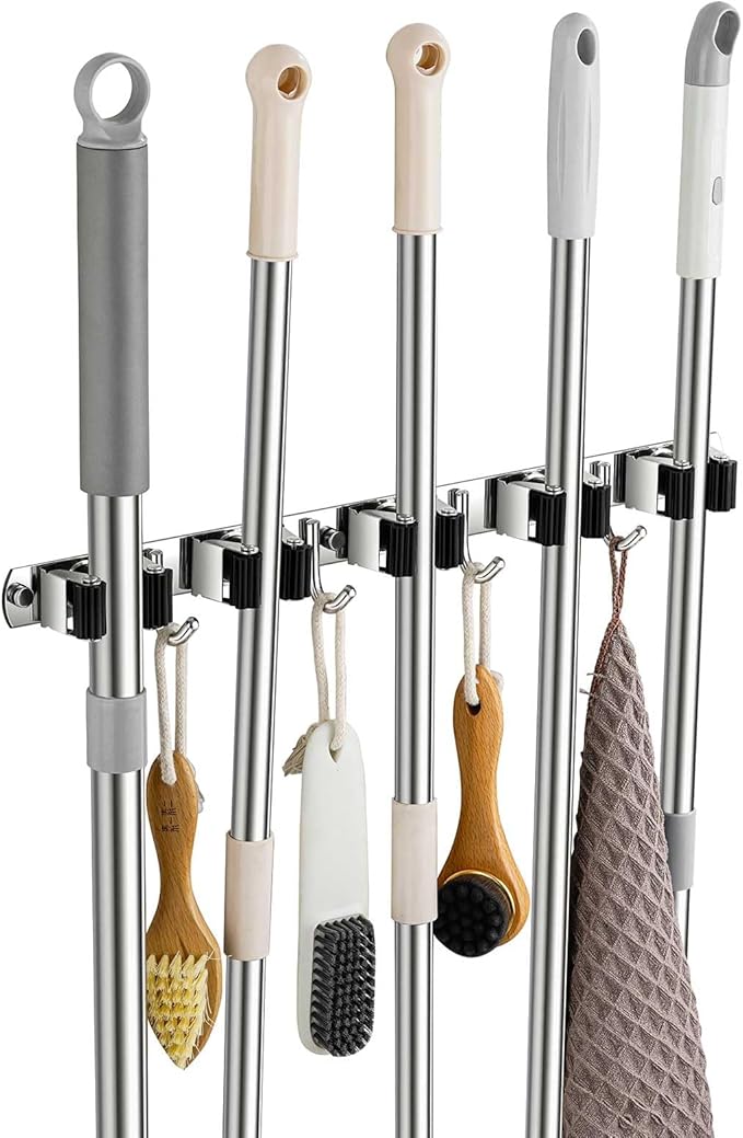 Broom Holder Wall Mount, Stainless Steel Broom Hanger Wall Mount, Heavy Duty Mop and Broom Holder Tool Racks Utility Hooks for Laundry Room Garden Garage, Black (5 Racks and 4 Hooks)