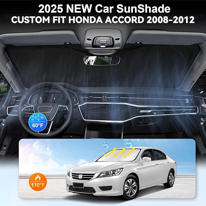 Custom Fit Accord Windshield Sunshade for Honda Accord 2012 2011-2008 Sedan, LX, EX, EX-L, Touring Accessories Front Window Cover for Windshield Sun Visor Protector Blocks UV Rays Cool Car Accessories