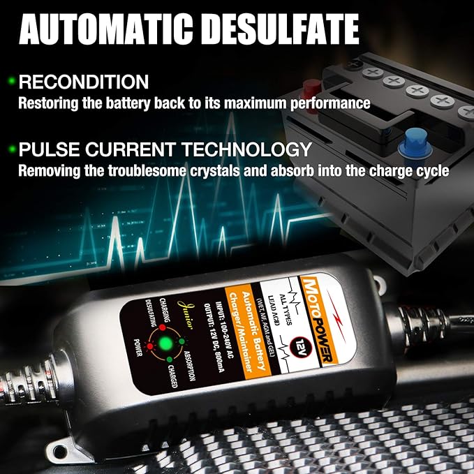 MOTOPOWER MP00205A 12V 800mA Automatic Battery Charger, Battery Maintainer, Trickle Charger, and Battery Desulfator, 2 Pack