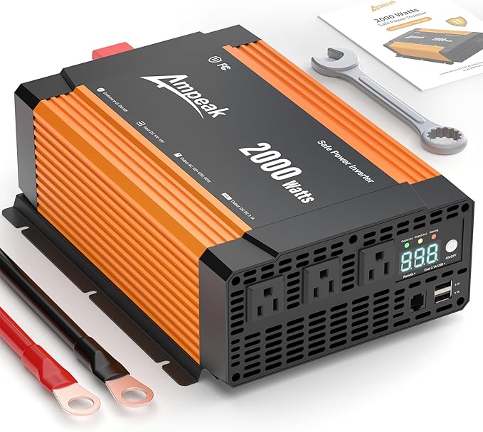 Ampeak 2000W Power Inverter Conversion Efficiency 89.37% Inverter 12V to 110V 3AC Outlets Dual 5V/3.1A USB Ports Modified Sine Power Inverters for Vehicles