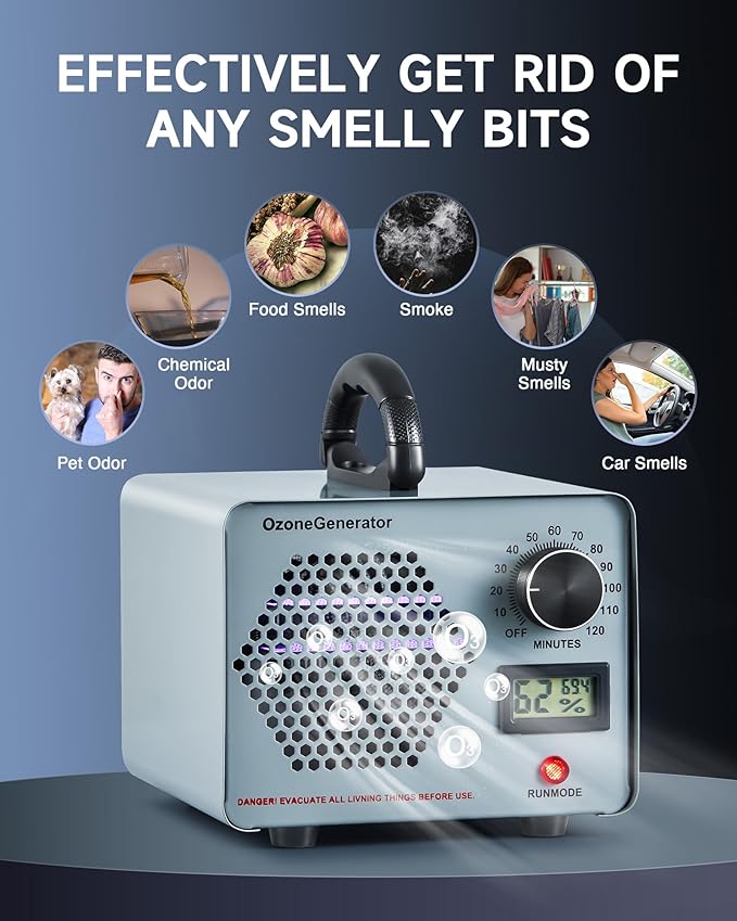 CREWORKS Ozone Odor Machine, Commercial Ozone Generator Air Purifier with Timer Display, 60000 mg/h Ozone Machine for Car Home Smoke Pet Odor Removal, High Capacity for 3200 sq ft Room, Silver
