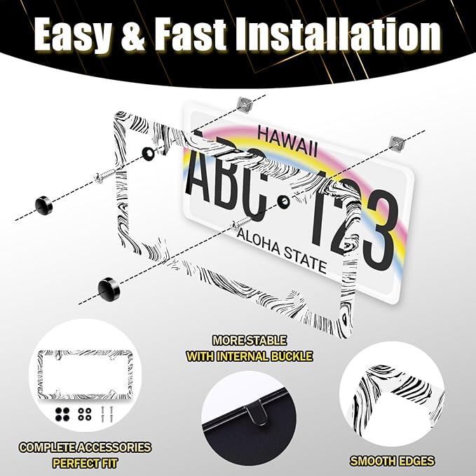 Abstract Marble Print License Plate Frame Wood Texture Marble License Plate Stainless Steel Colorful Car Accessory Funny License Plate Decoration Men Women Size 12.2"x6.2" with Screws