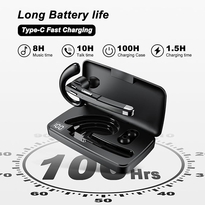 Bluetooth Headset, Wireless Earpiece with 500mAh Charging Case, 100Hrs Talking Time Built-in Dual Microphone 270° Rotatable Hand-Free Noise Canceling Headphones for Office/Trucker/Business