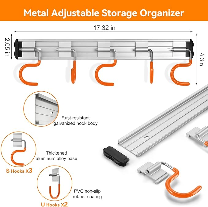 69'' Aluminum Alloy Garage Tool Organizer Hooks,Broom Holder Wall Mount, Adjustable Garden Wall Mount Holder for Hanging Shovel Broom Rake Bulk Items and More