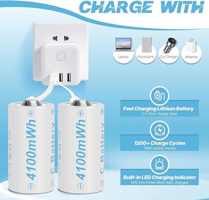 Rechargeable Lithium C Battery 8 Pack, Batteries c Size，Long Lasting1.5V C Batteries Rechargeable with 4 in 1 USB-C Charge Cable for Television Remote, Flashlights