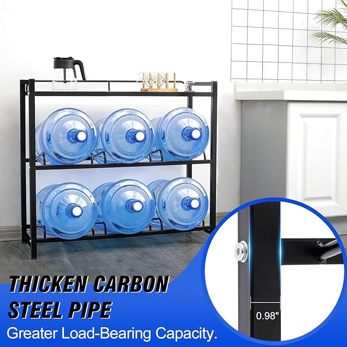 5 Gallon Water Bottle Holder 6-Tray 3/5 Gallon Water Jug Rack with Top Shelf Heavy Duty Jug Stand for Kitchen, Office, Garage Black