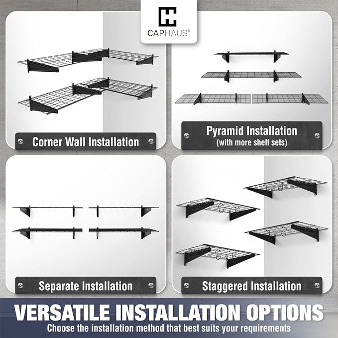 CAPHAUS Garage Wall Shelving, 48 in. W x 18 in. D Wall Mounted Garage Shelves w/ 2 Bike Hooks, Heavy Duty Organizer Shelf for Garage Storage System, Black or White