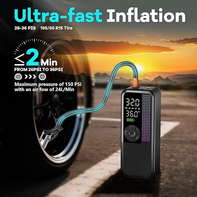 Tire Inflator Portable Air Compressor, 150 PSI Cordless Air Pump, Dual Power 6000mAh, 12V DC Car Plug, Fast Inflation 24L/Min, Auto Shut-Off, LED Light, 4 Preset Modes for Car, Bike, Motorcycle, Balls