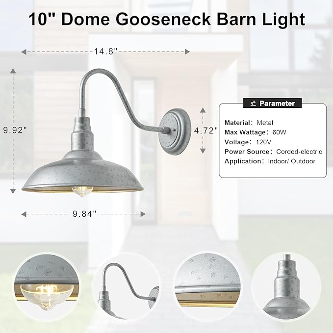 10'' Dome Outdoor Gooseneck Barn Light, Galvanized Steel Exterior Wall Lantern Farmhouse Style Outdoor Porch Wall Sconce for Patio, Yard, Garage 1 Pack Gooseneck Lighting Fixture, LM2201-SV